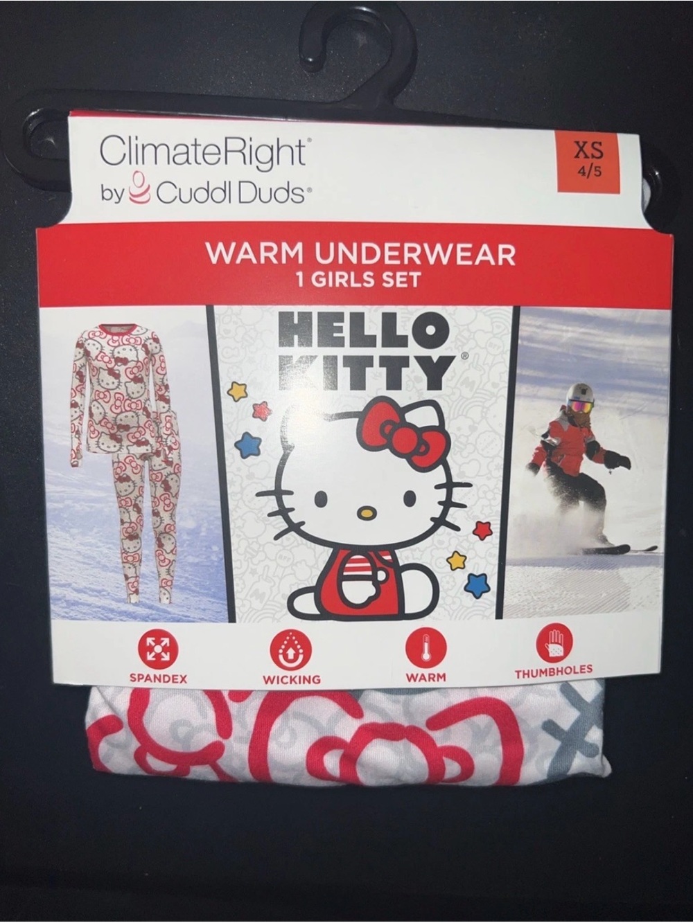 Cuddl Duds Hello Kitty Girls XS Warm Underwear Set - White & Red long sleeve